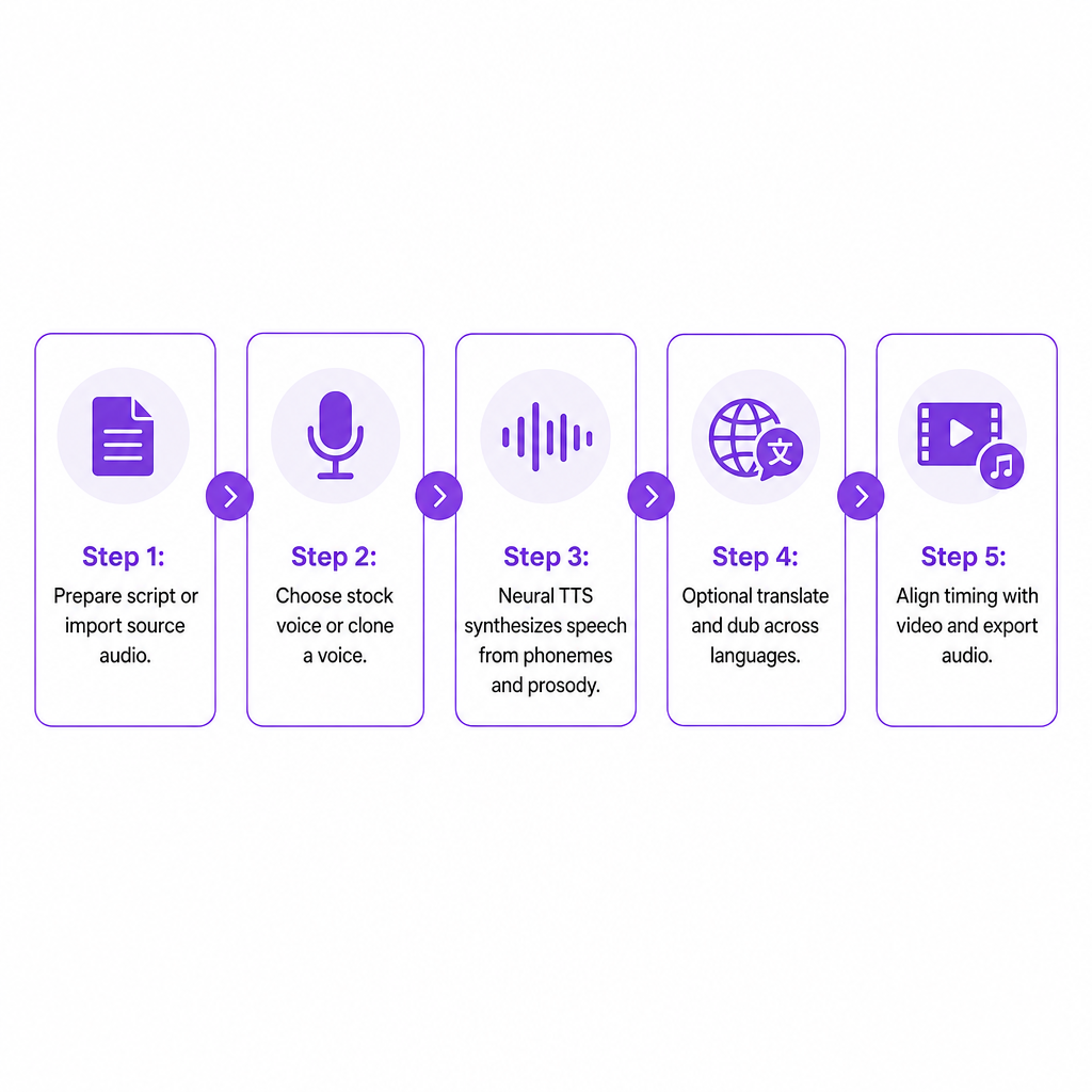 Five-stage process diagram showing script preparation, voice selection, speech synthesis, optional dubbing, and timing alignment