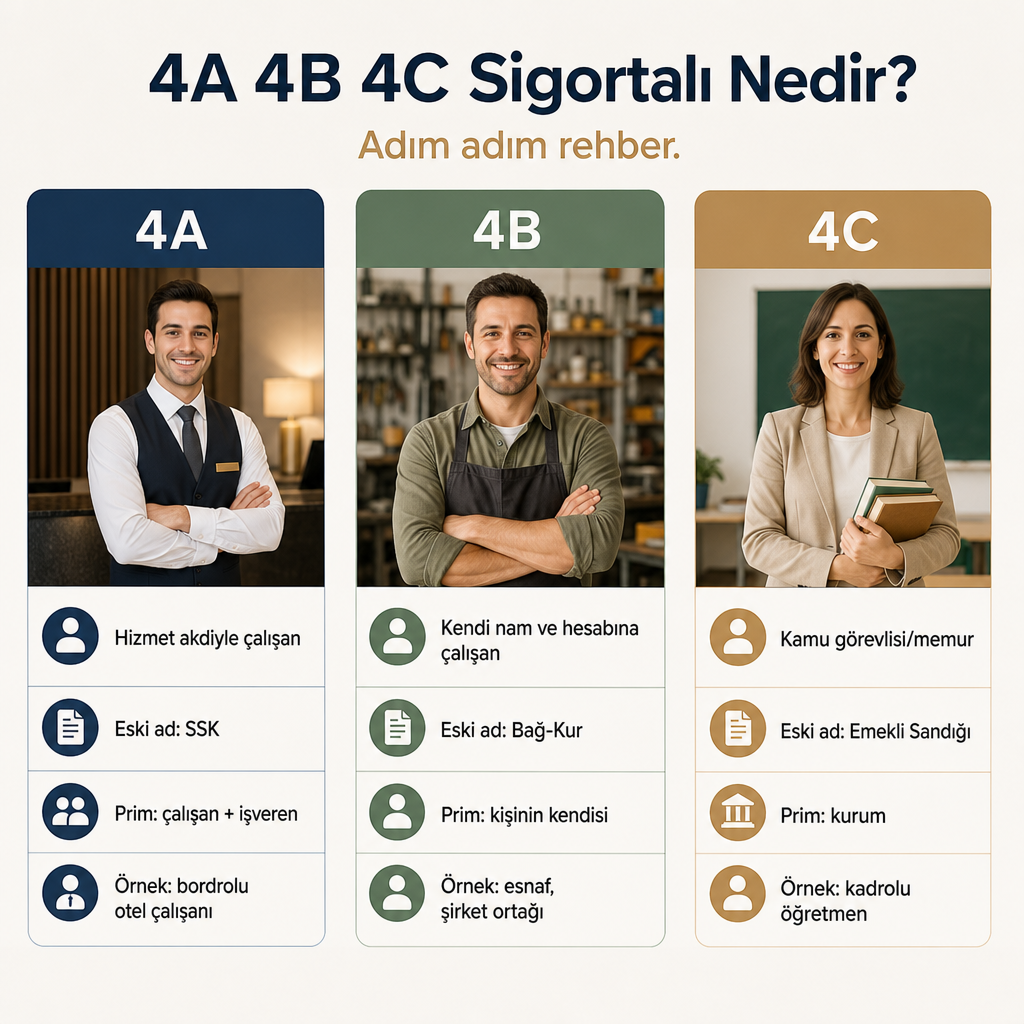 4A, 4B ve 4C sigorta statülerini prim ödeyen taraf ve örnek meslek üzerinden karşılaştıran üç sütunlu görsel