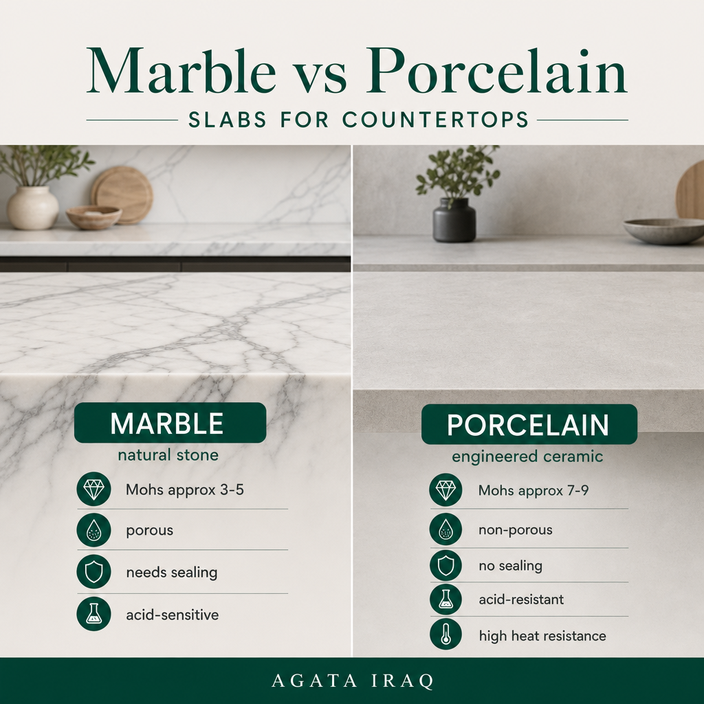 Split comparison graphic showing marble and porcelain countertop properties side by side