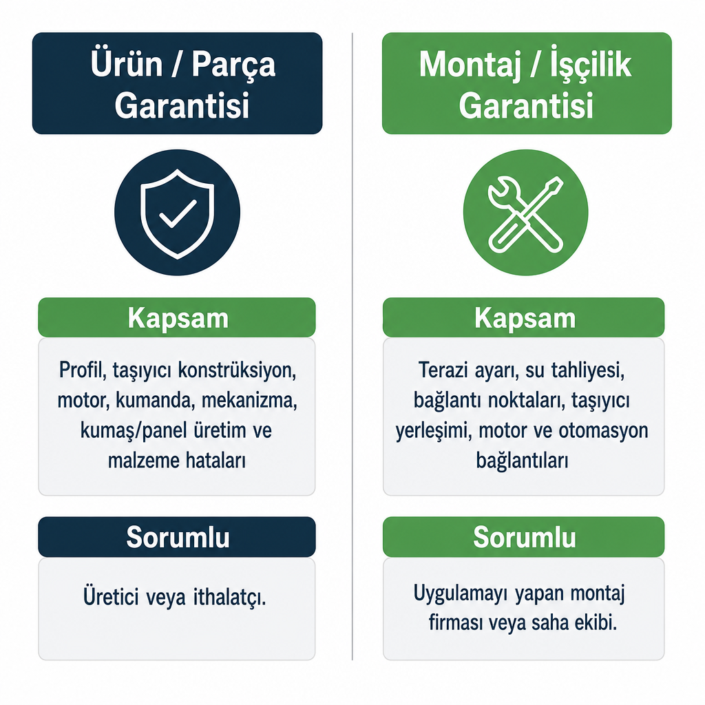 Ürün garantisi ile montaj garantisinin kapsam ve sorumlu tarafını karşılaştıran iki sütunlu görsel