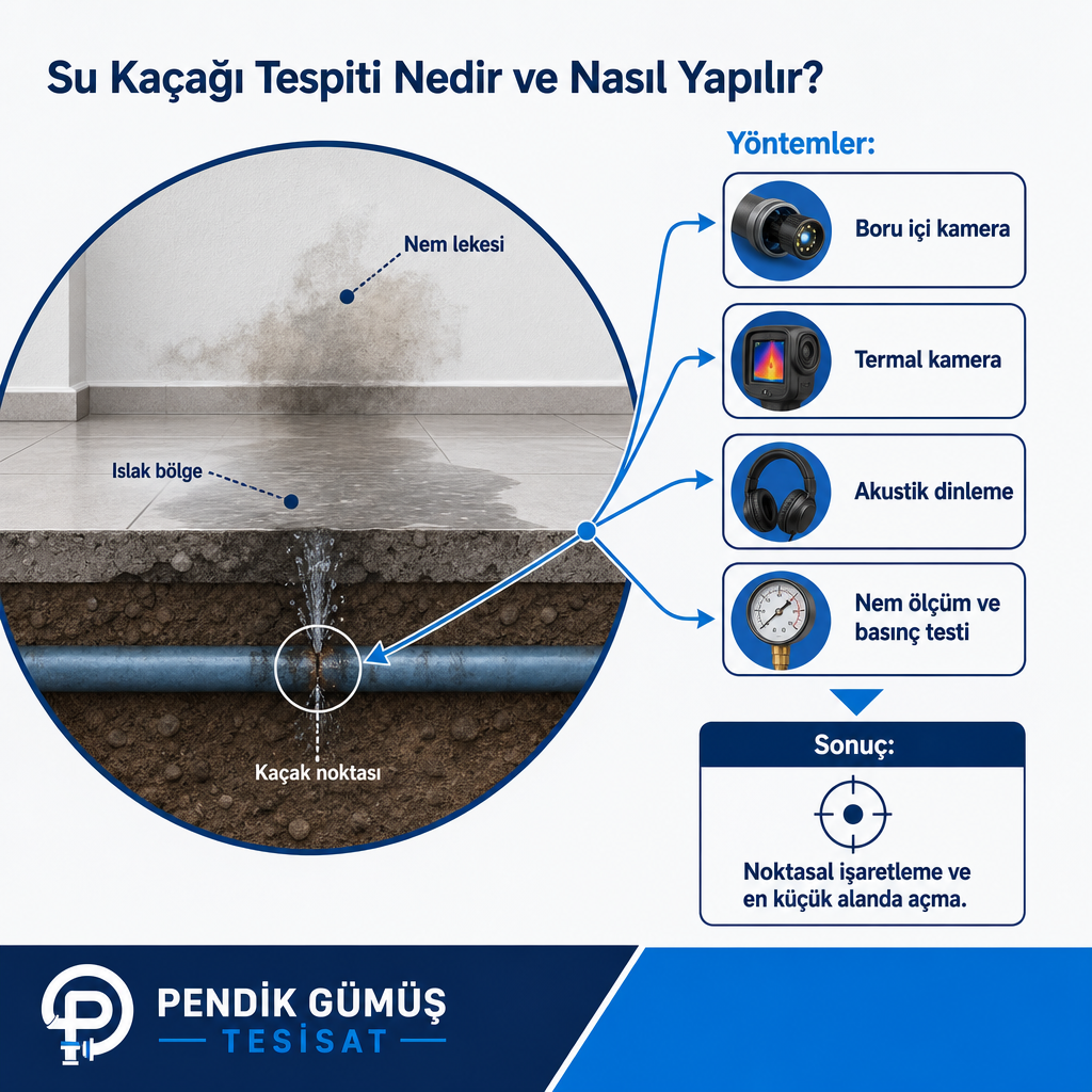 Gizli su borusundaki kaçağın dört farklı cihaz yöntemiyle tek noktada belirlenmesini gösteren teknik diyagram.
