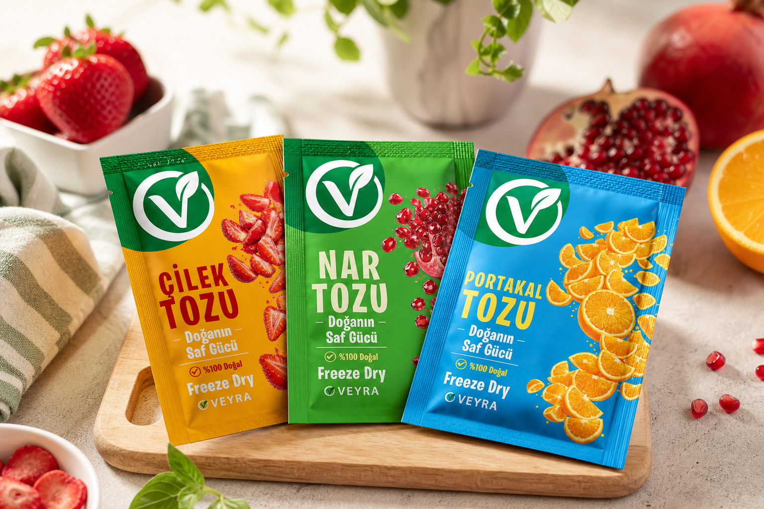 VeyraDry çilek, nar ve portakal freeze dry meyve tozu paketleri beyaz zeminde yan yana