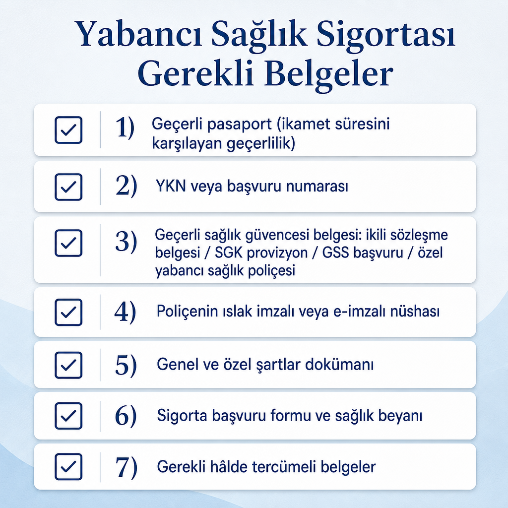 Yabancı sağlık sigortası için gerekli belgeleri sıralayan yedi maddelik kontrol listesi görseli