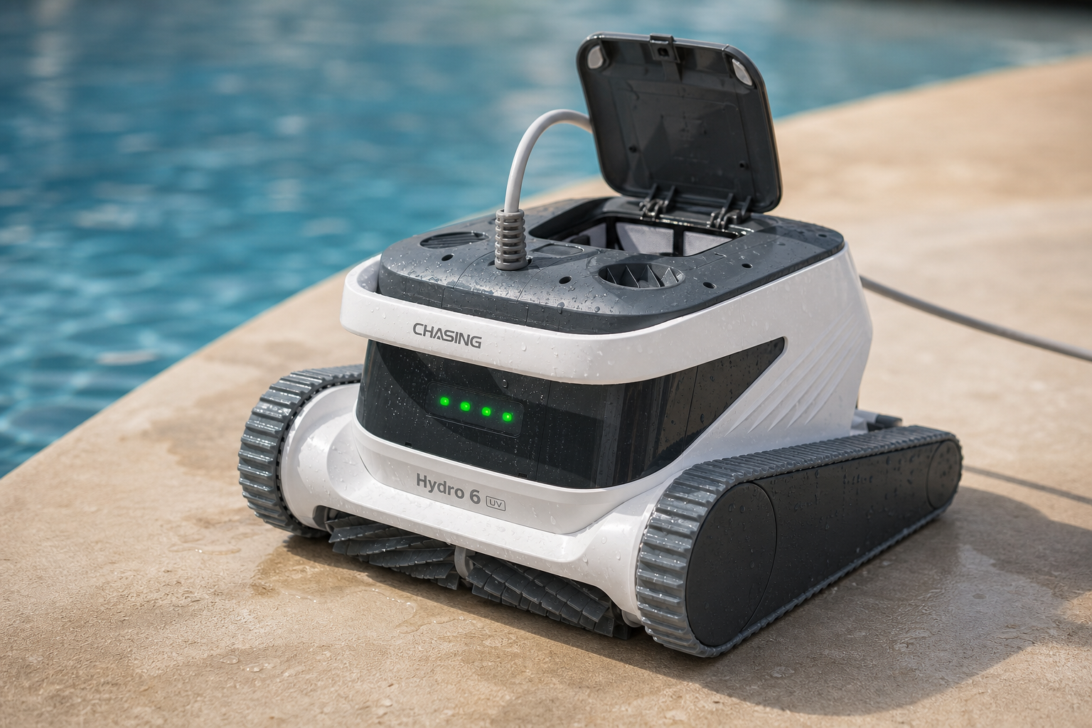 Filtre bölmesi açık şekilde havuz kenarında duran Hydro6 UV havuz temizleme robotu
