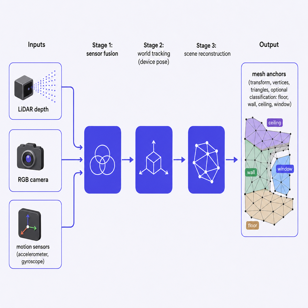 Diagram of LiDAR, camera, and motion inputs fused through world tracking into partitioned ARKit mesh anchors.