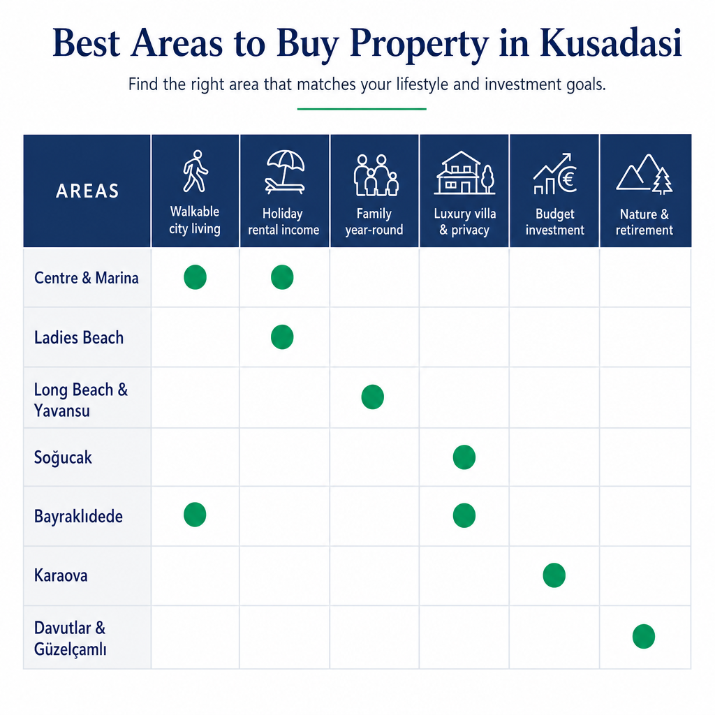 Matrix linking seven Kusadasi areas to six buyer priorities with strongest-fit markers.