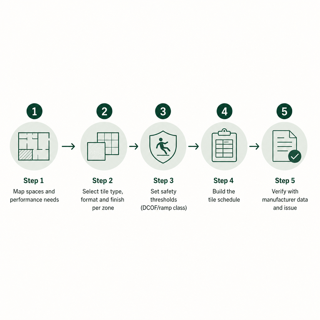 Five-step process from mapping spaces to issuing a verified tile schedule