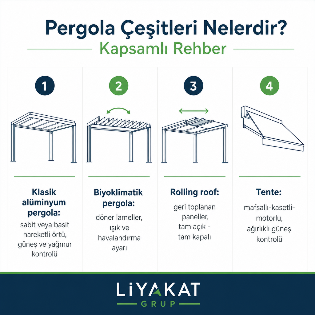 Klasik pergola, biyoklimatik pergola, rolling roof ve tente sistemlerinin çatı mekanizmasına göre karşılaştırıldığı görsel
