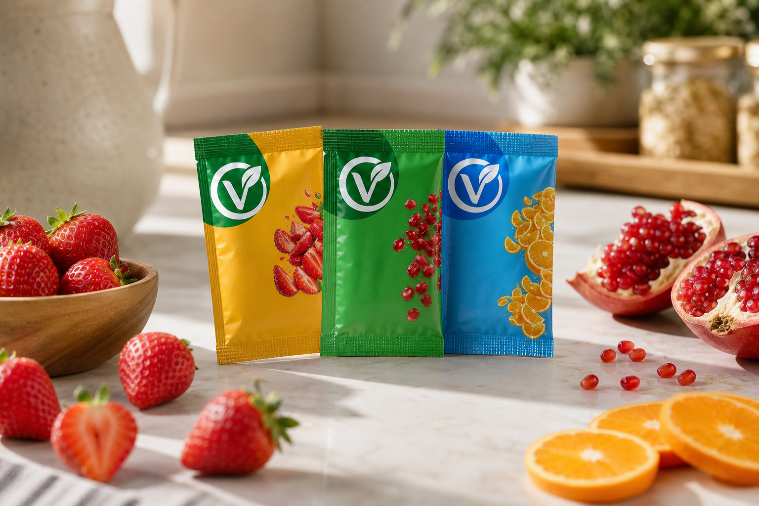 VeyraDry çilek, nar ve portakal freeze dry meyve tozu paketleri taze meyvelerle birlikte