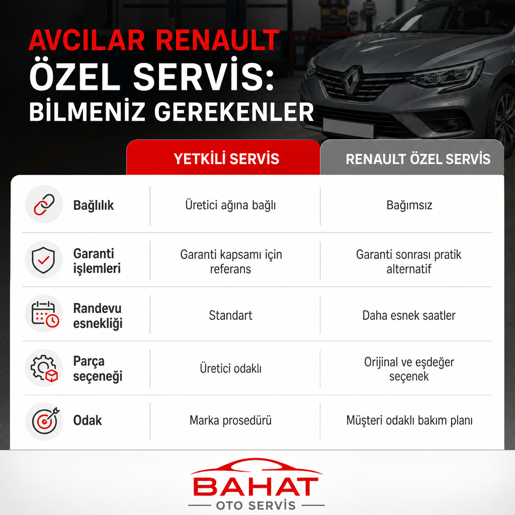 Yetkili servis ile Renault özel servisin bağlılık, garanti, randevu, parça ve odak açısından karşılaştırıldığı görsel.