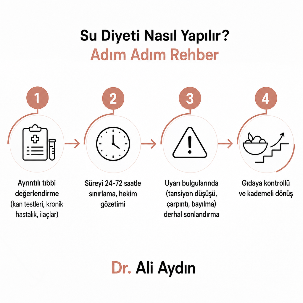 Su orucunun hekim gözetimindeki dört aşamalı güvenlik çerçevesini gösteren süreç görseli