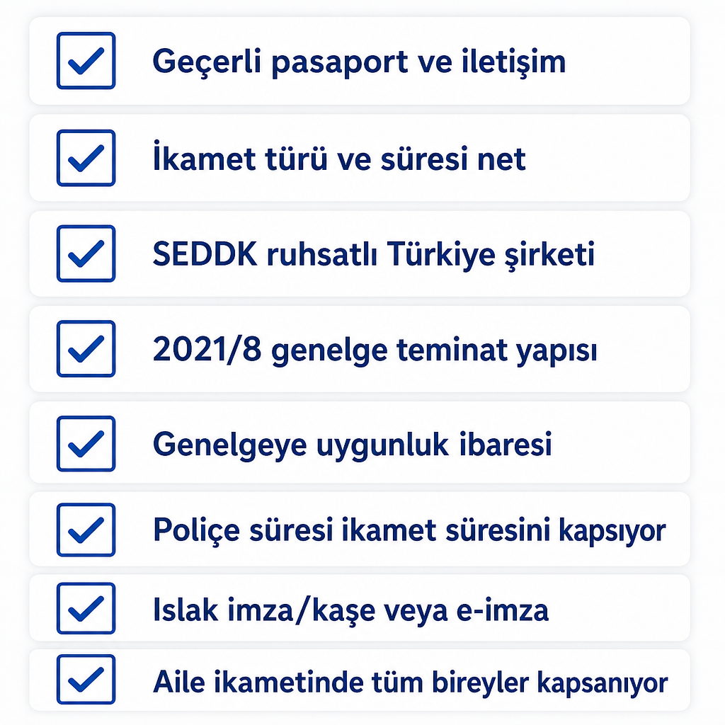 İkamet izni için yabancı sağlık sigortası ön koşullarını gösteren kontrol listesi görseli