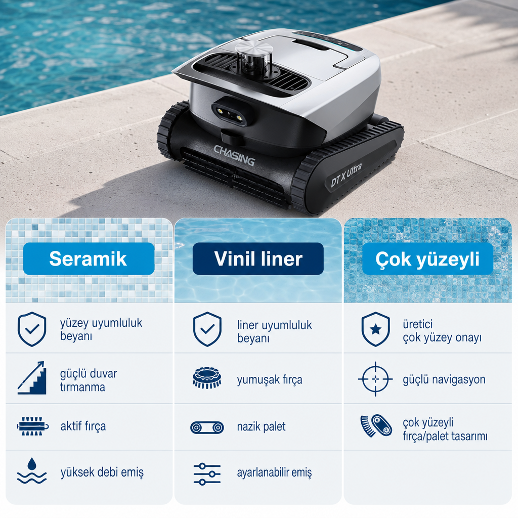 Seramik, vinil ve çok yüzeyli havuzlar için robot seçim önceliklerini karşılaştıran görsel