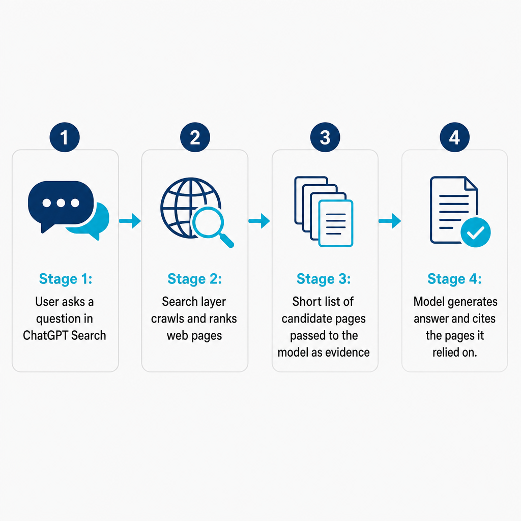 Four-stage diagram showing a user question flowing through the search layer, candidate ranking, evidence selection, and a cited answer.