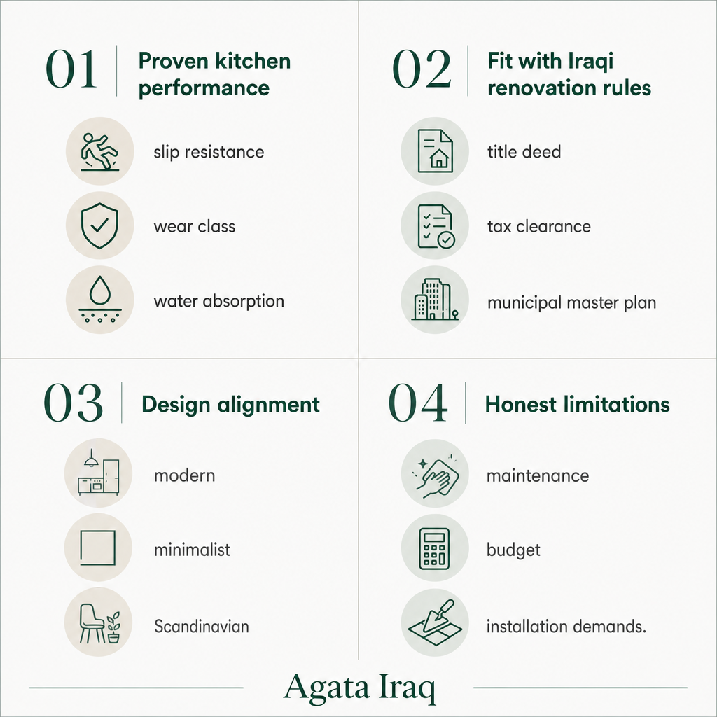 Two-by-two infographic showing the four selection criteria for kitchen tiles in Iraq