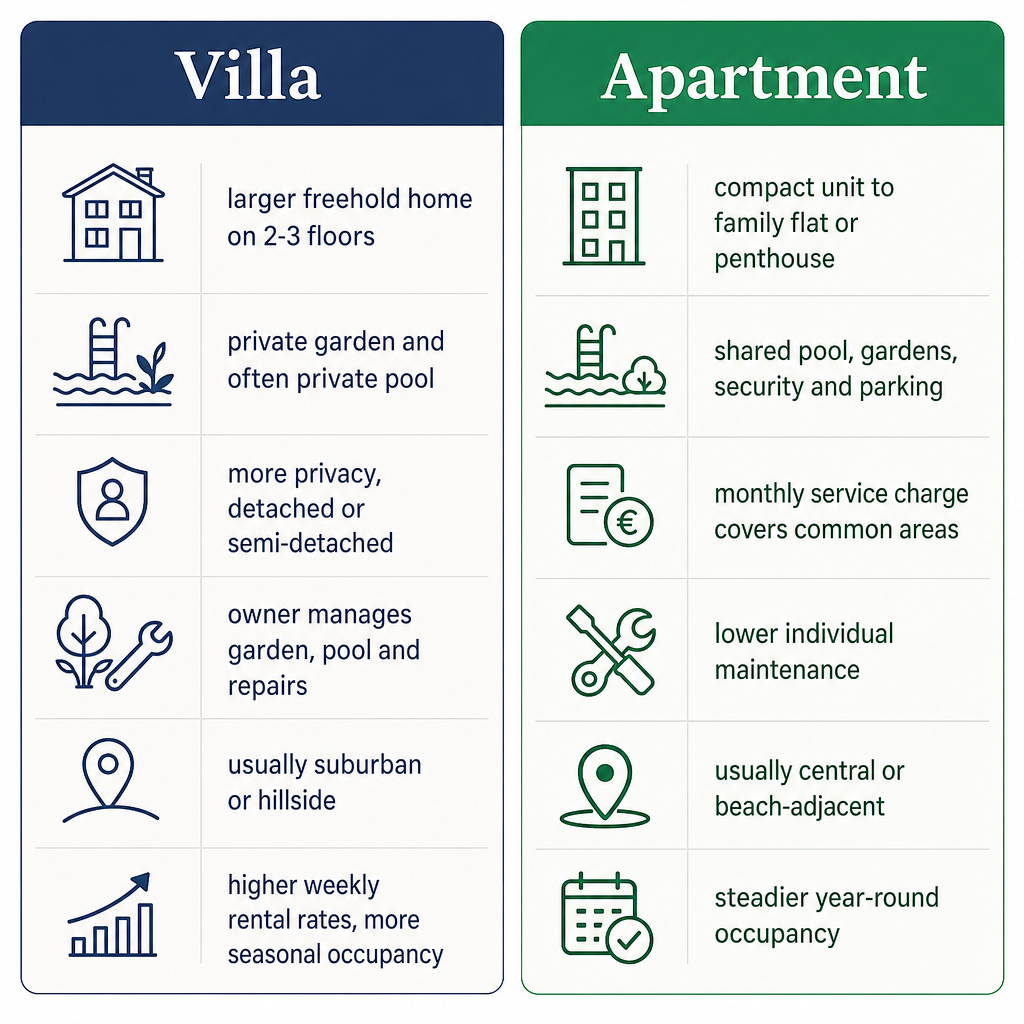 Two-column visual comparing villa and apartment features in Kusadasi