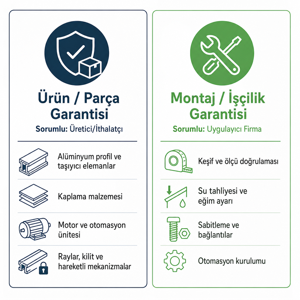 Ürün garantisi ve montaj garantisi bileşenlerini sorumlu taraflarıyla birlikte gösteren karşılaştırma tablosu