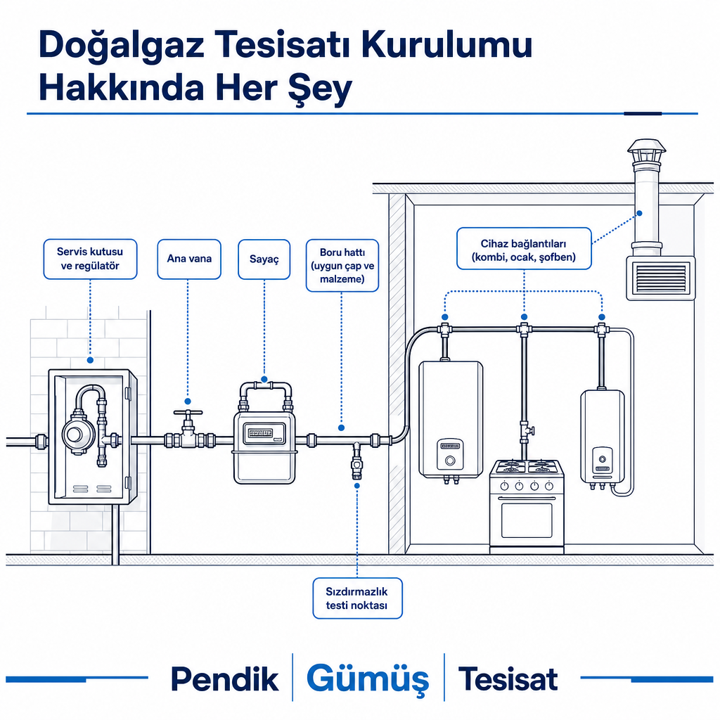 Servis kutusundan cihazlara uzanan doğalgaz iç tesisatı bileşenlerini gösteren şema