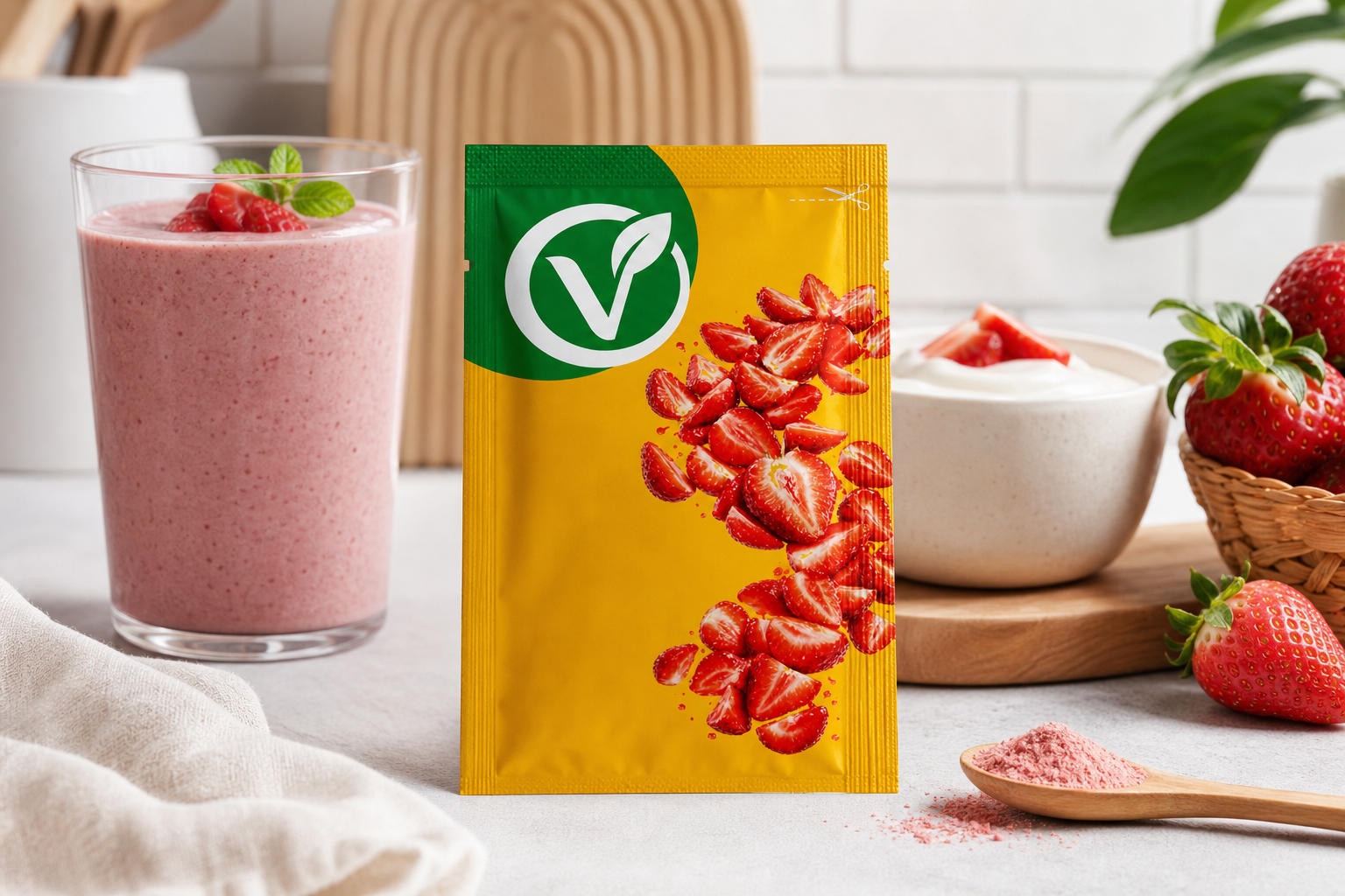 Tek kullanımlık VeyraDry çilek tozu paketi, pembe smoothie ve yoğurt kasesi yanında