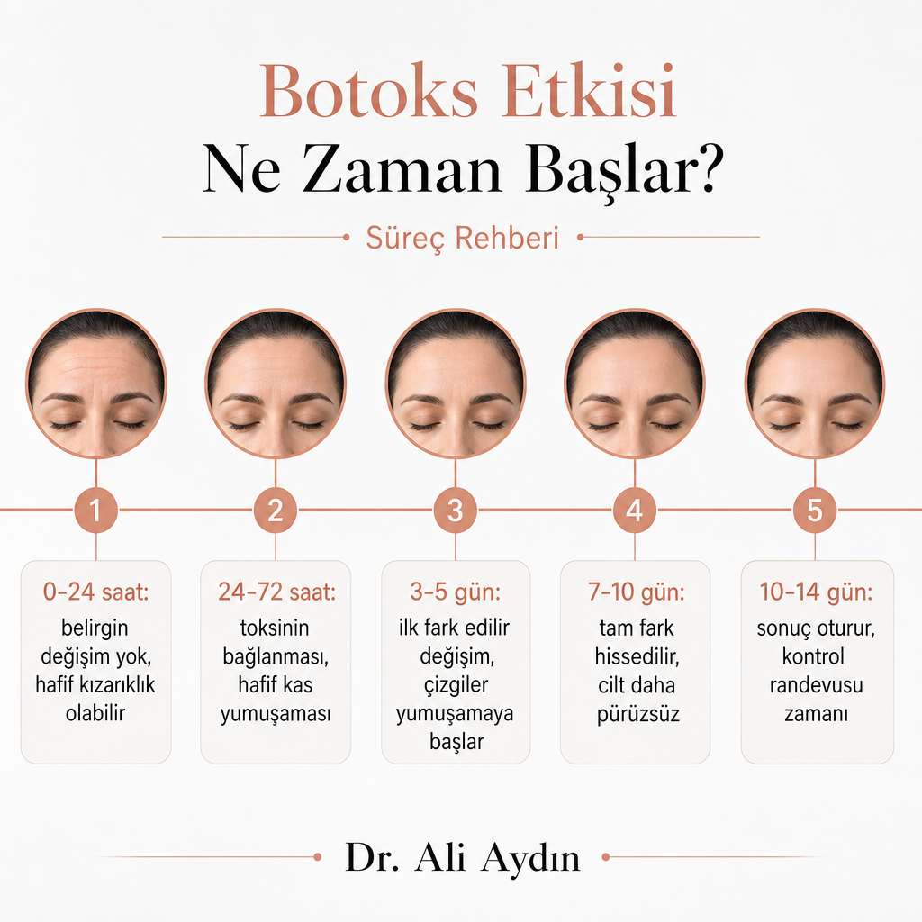Botoks etkisinin ilk 24 saatten 14. güne kadar aşamalarını gösteren zaman çizelgesi