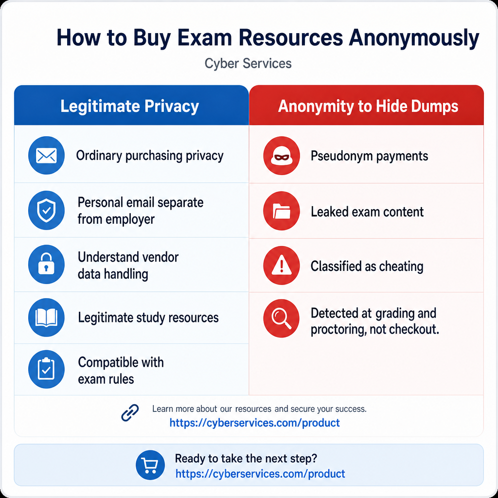 Comparison showing legitimate privacy choices versus anonymity used to hide exam dumps and why the second fails.