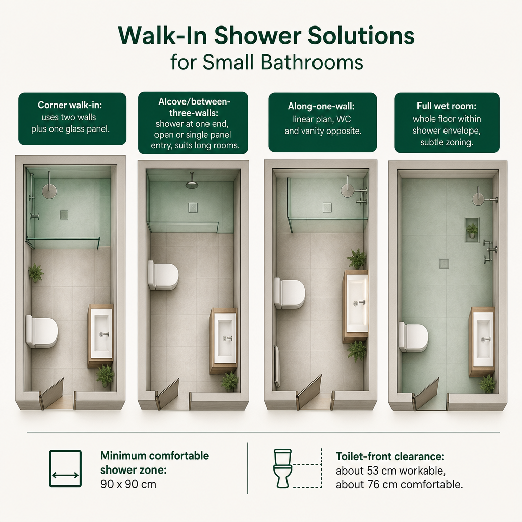 Comparison of corner, alcove, along-one-wall, and full wet-room walk-in shower layouts with key dimensions.