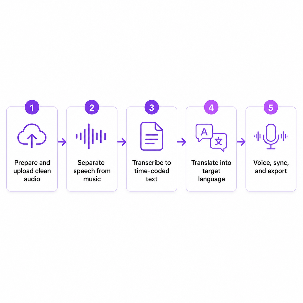 Five-stage diagram showing podcast audio moving from upload through speech separation, transcription, translation, and final voiced export.