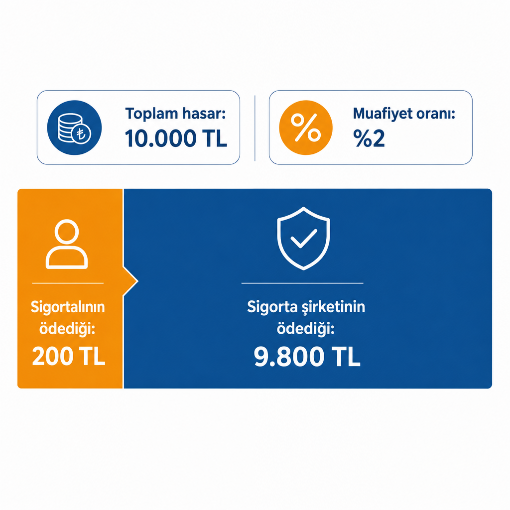 10.000 TL hasarda yüzde 2 muafiyetle sigortalının 200 TL, şirketin 9.800 TL ödediğini gösteren infografik
