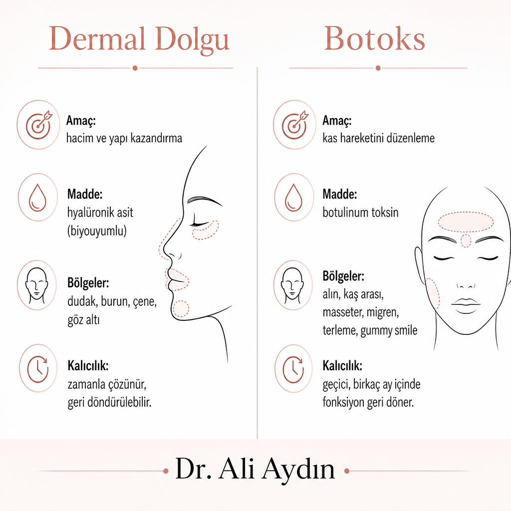 Dermal dolgu ve botoks uygulamalarının amaç, madde, bölge ve kalıcılık açısından karşılaştırıldığı görsel tablo
