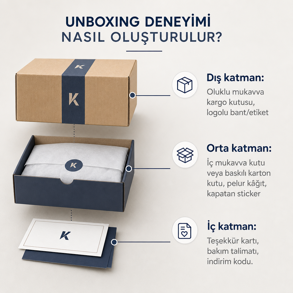 Unboxing deneyiminin dış, orta ve iç olmak üzere üç katmanını gösteren şema