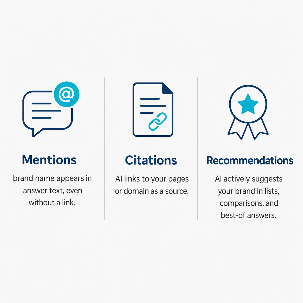 Comparison graphic showing mentions, citations, and recommendations as the three output signals of AI visibility.