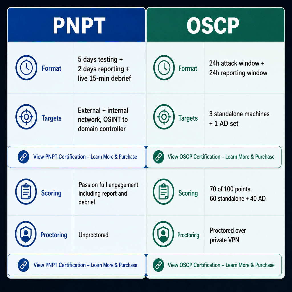 Side-by-side comparison of PNPT and OSCP showing format, targets, scoring and proctoring differences