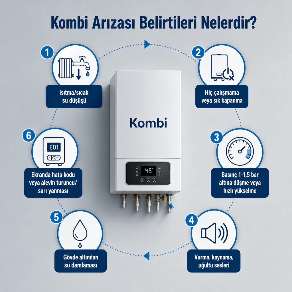 Kombi cihazı ve altı temel arıza belirtisini gösteren infografik
