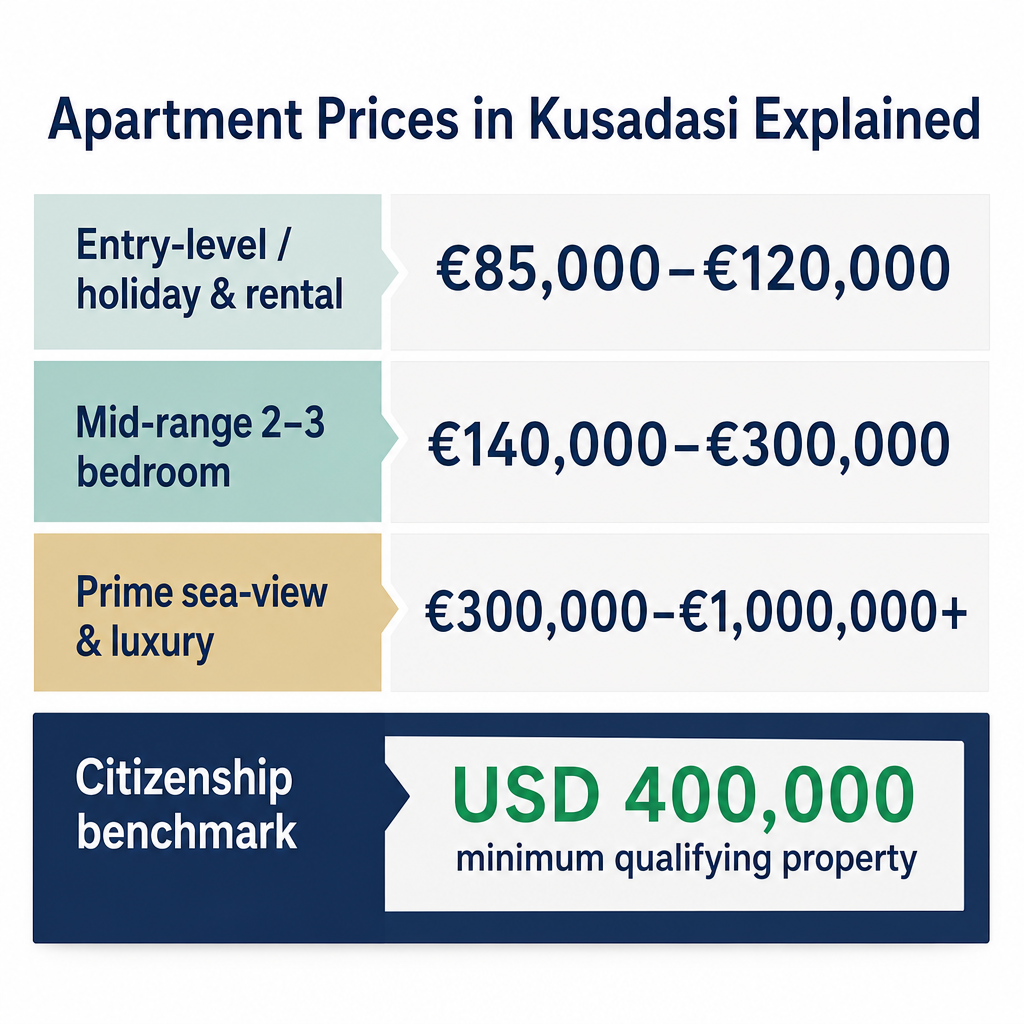 Bar chart showing three apartment price bands in Kusadasi and the USD 400,000 citizenship investment benchmark