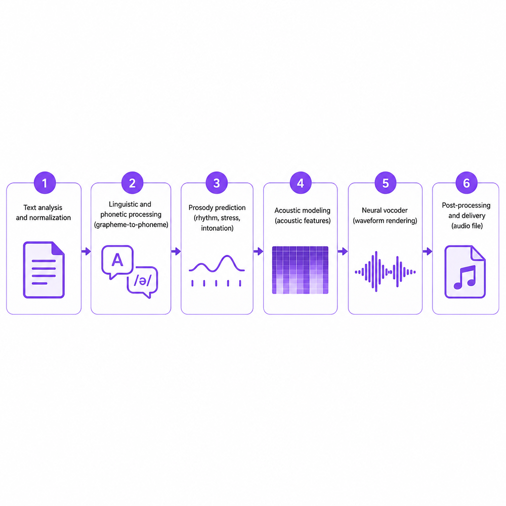 Six-stage diagram showing text moving through analysis, phonetics, prosody, acoustic modeling, vocoder, and delivery to become audio