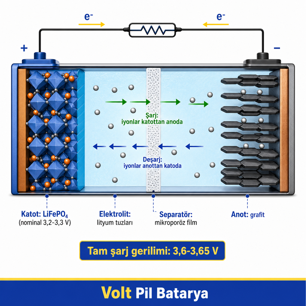 LiFePO4 hücresinde şarj ve deşarj sırasında lityum iyonlarının katot ve anot arasındaki hareketini gösteren şema