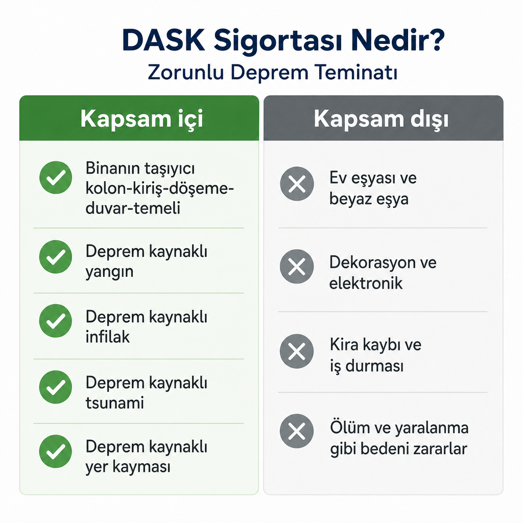 DASK’ın kapsadığı yapısal deprem hasarları ile kapsamadığı eşya ve bedeni zararları karşılaştıran görsel
