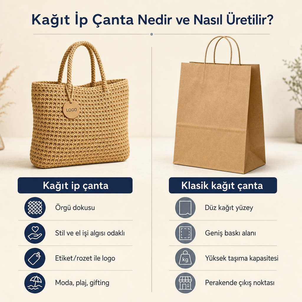 Kağıt ip çanta ile klasik kağıt çantanın özellik farklarını gösteren iki sütunlu karşılaştırma görseli