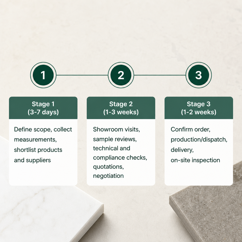Three-stage timeline showing slab sourcing from scoping to on-site inspection with day and week ranges
