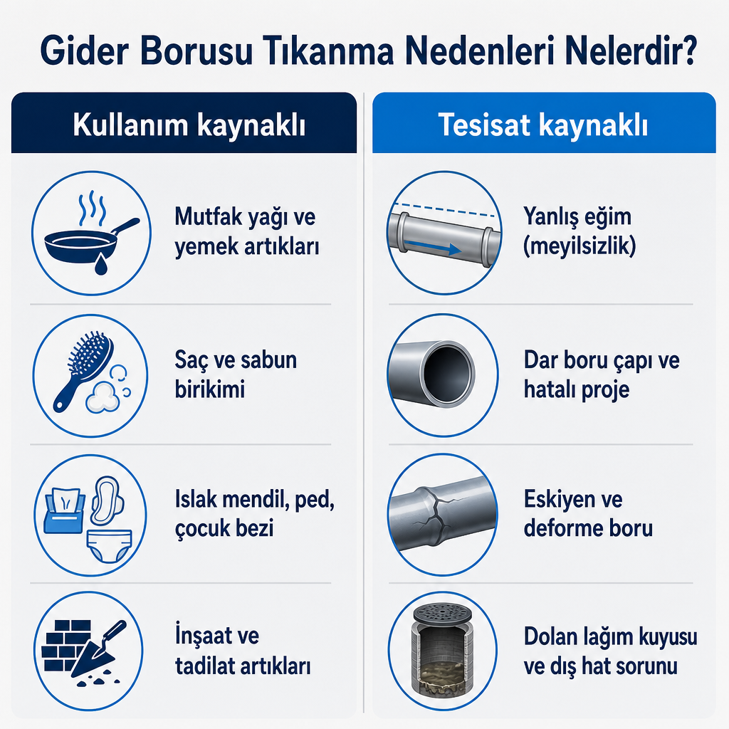 Kullanım kaynaklı ve tesisat kaynaklı gider borusu tıkanma nedenlerini karşılaştıran görsel.