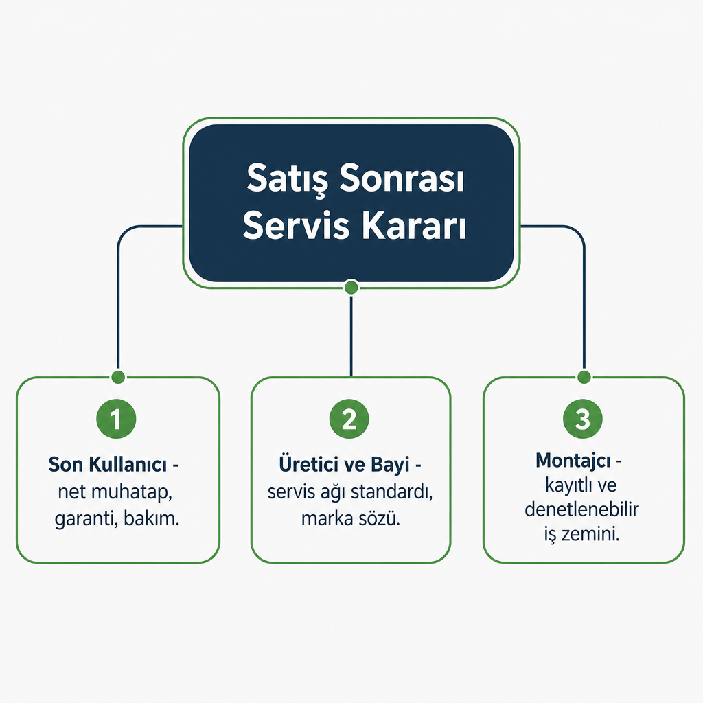 Satış sonrası servis kararının son kullanıcı, üretici/bayi ve montajcı için ne ifade ettiğini gösteren şema.