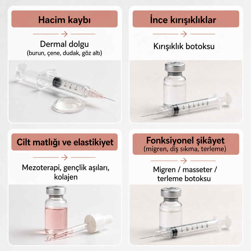 Dört başlıkta şikâyet türlerini önerilen ameliyatsız tedavilerle eşleştiren karşılaştırma görseli