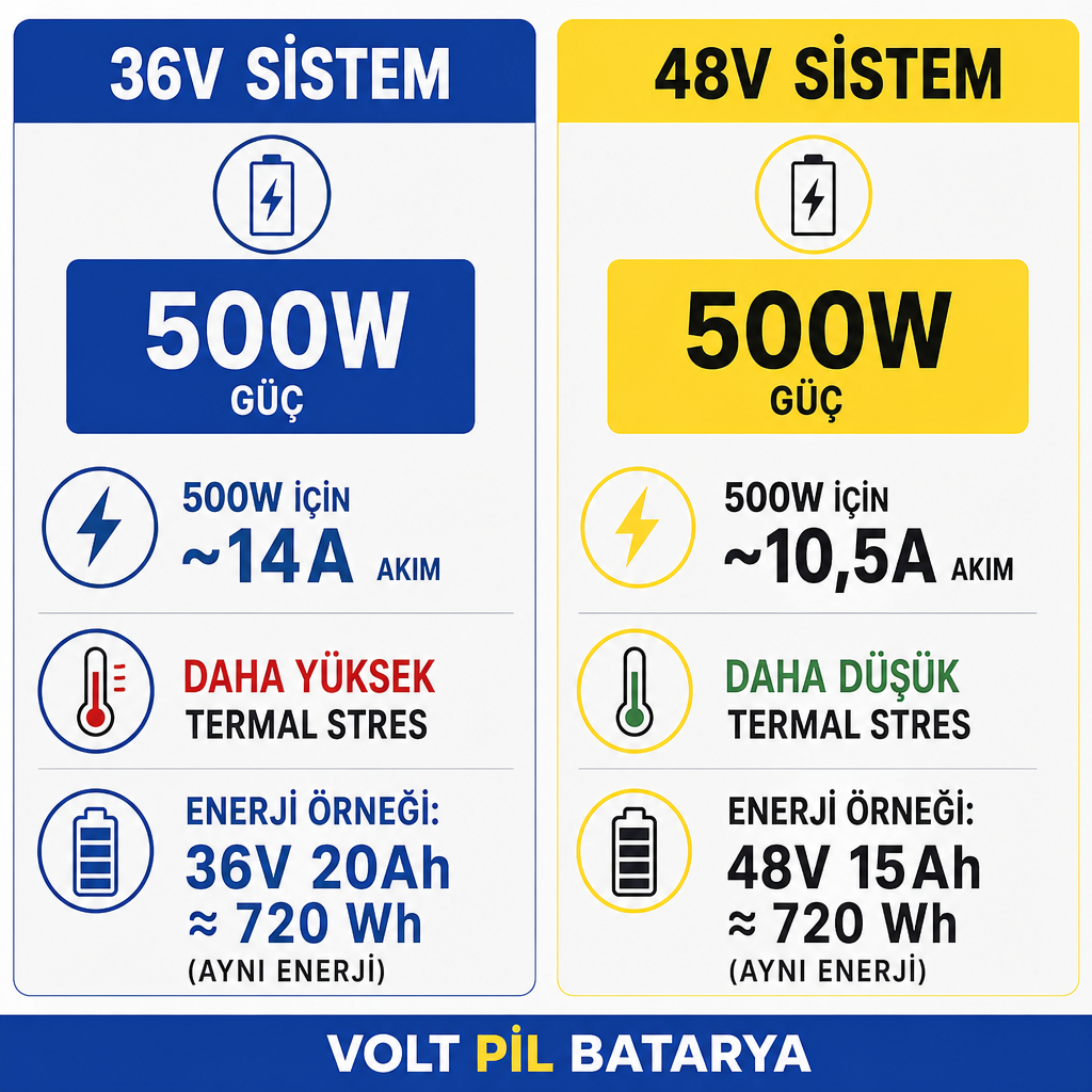 36V ve 48V sistemlerde aynı 500W güç için gereken akım ve enerji karşılaştırması gösteren infografik.