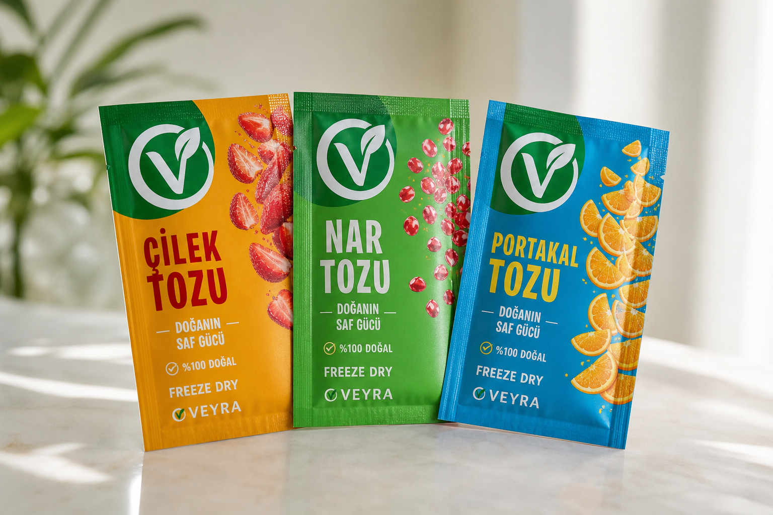 VeyraDry çilek, nar ve portakal freeze-dry meyve tozu paketleri