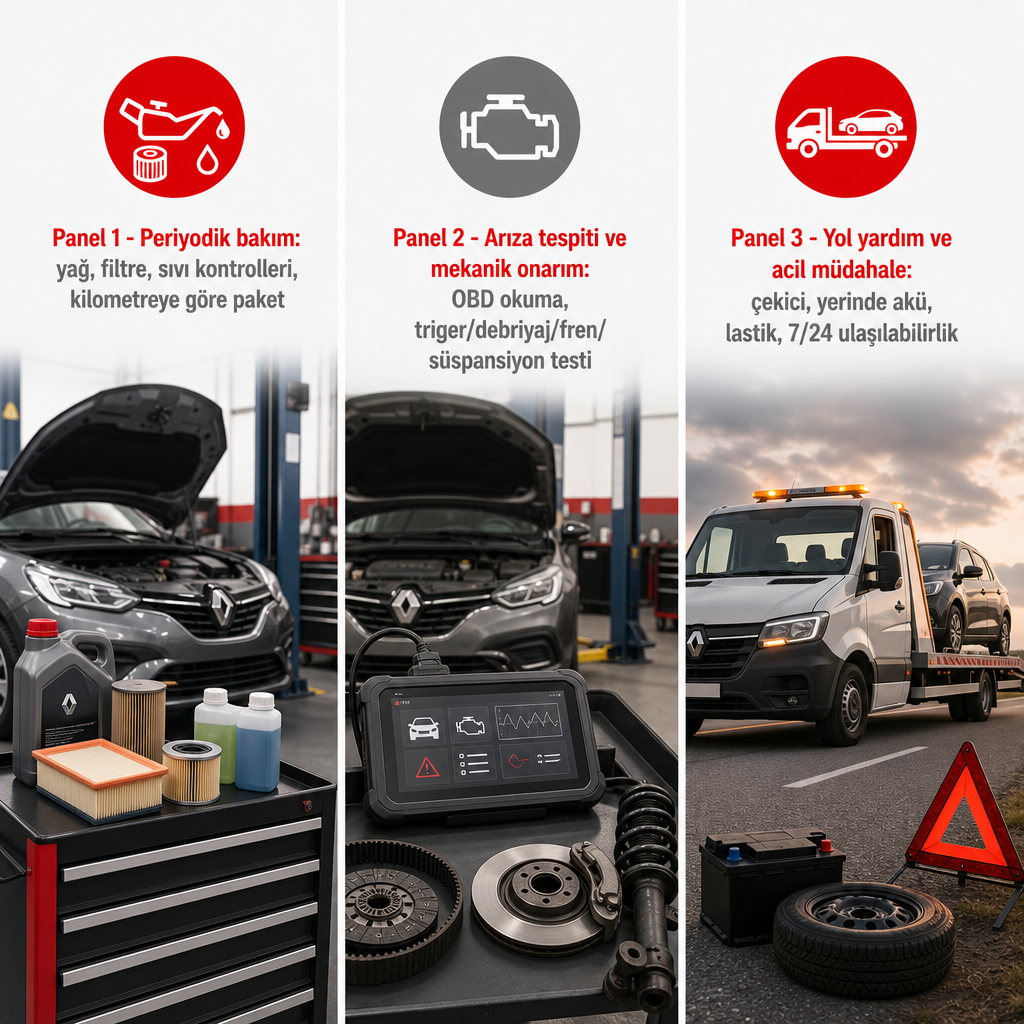 Renault özel servisinin üç ana hizmet alanını gösteren karşılaştırma görseli: periyodik bakım, arıza tespiti ve yol yardım
