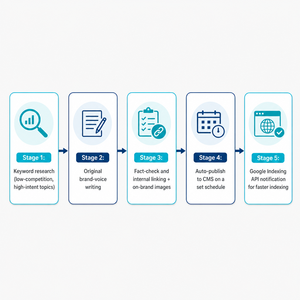 Five-stage diagram showing keyword research, writing, fact-checking, publishing, and Google indexing.