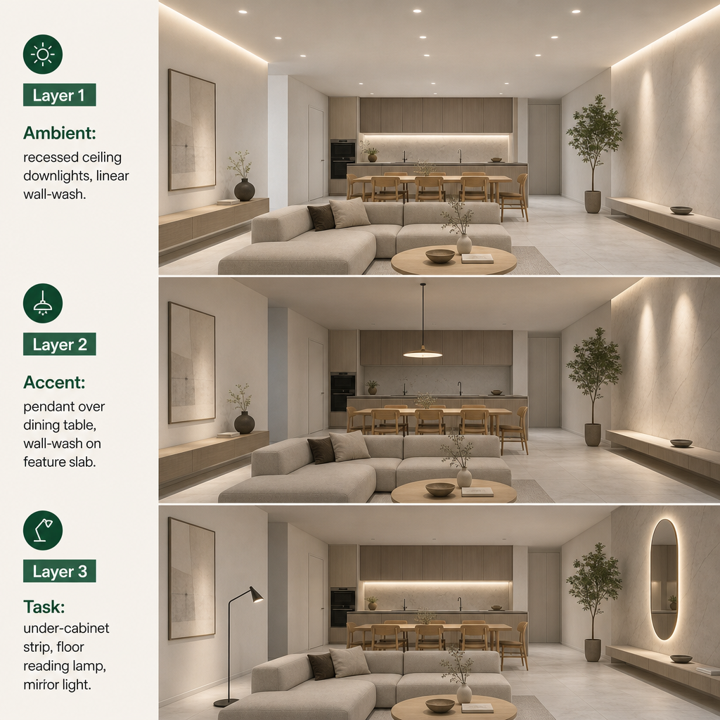 Diagram showing ambient, accent and task lighting layers in a minimalist interior