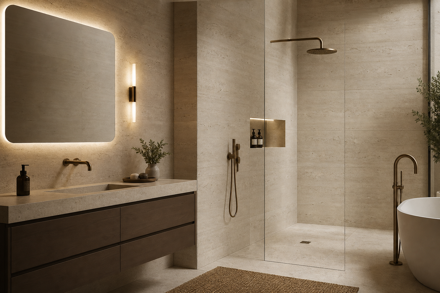 Minimalist spa bathroom with travertine-look tiles and soft low-glare lighting