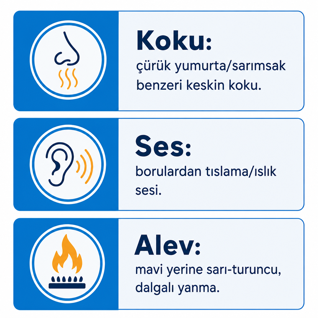Doğalgaz kaçağının üç ana belirtisini gösteren infografik: koku, ses ve alev rengi değişimi