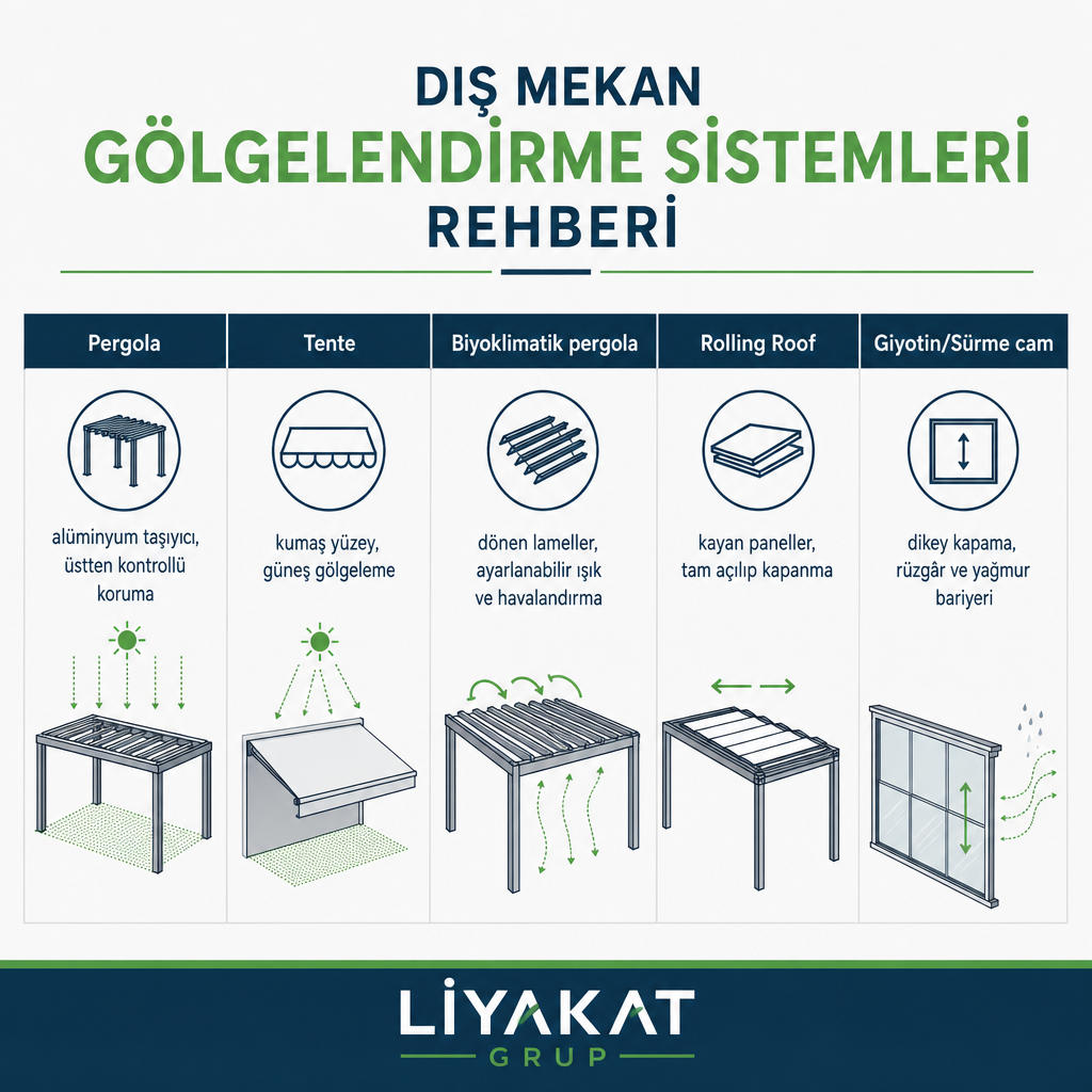 Beş dış mekan gölgelendirme sisteminin işlevlerine göre sütunlu karşılaştırması